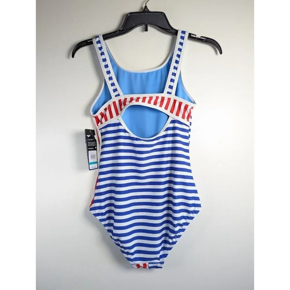 SPEEDO Swimsuit Kid Girls Size 16 One Piece Stripe Chlorine Resistant Summer NEW